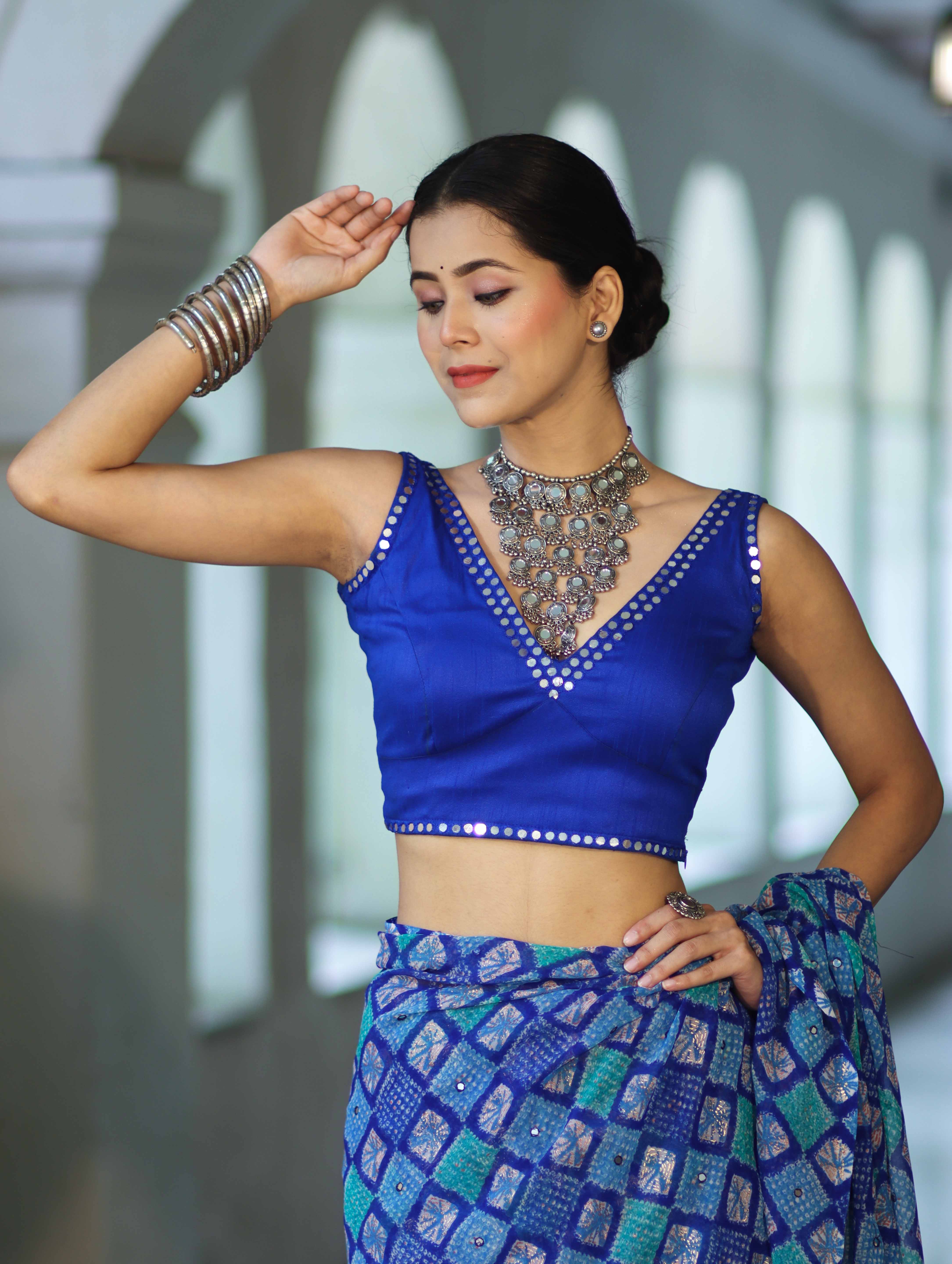 Banarasee Art Silk Fabric Hand Embroidered Mirror Work Blouse-Royal Blue