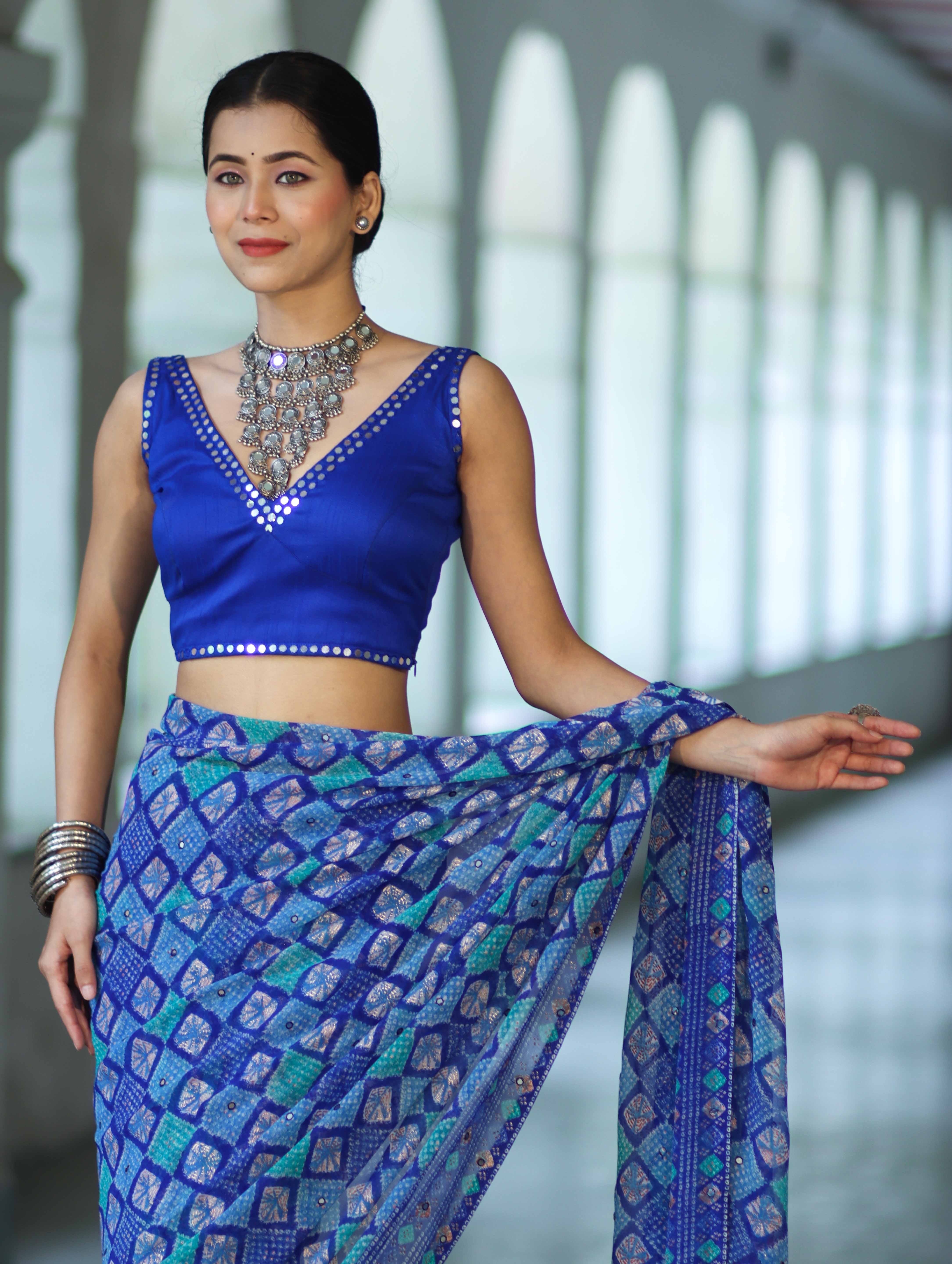 Banarasee Art Silk Fabric Hand Embroidered Mirror Work Blouse-Royal Blue