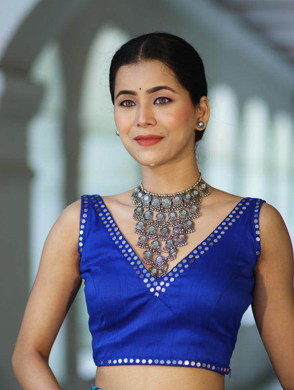Banarasee Art Silk Fabric Hand Embroidered Mirror Work Blouse-Royal Blue
