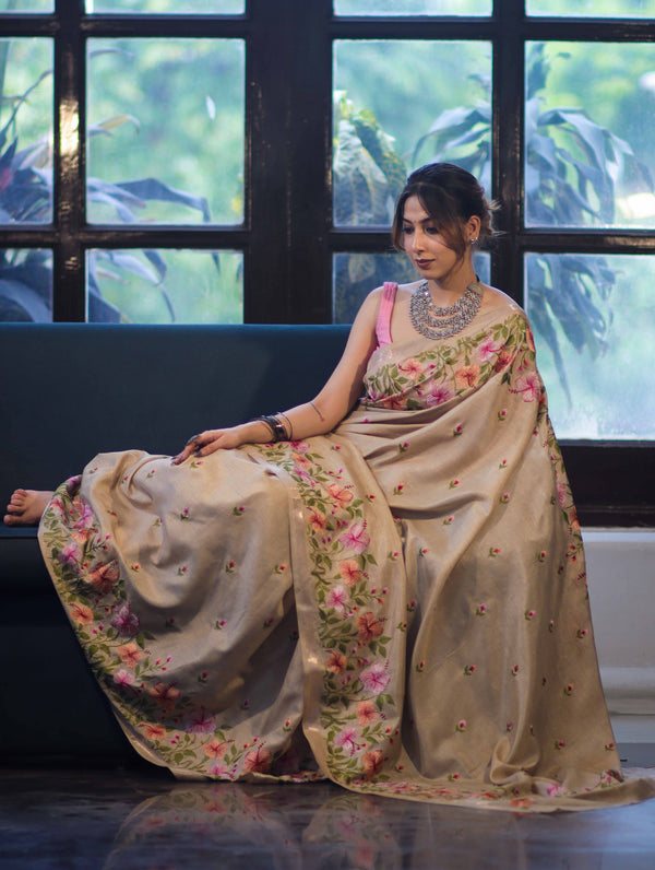 Banarasee Handwoven Semi-Tussar Saree With Embroidered Floral Motifs & Border-Beige