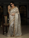 Banarasee Handwoven Tissue Saree With Zari Buti Design & Lace-Silver