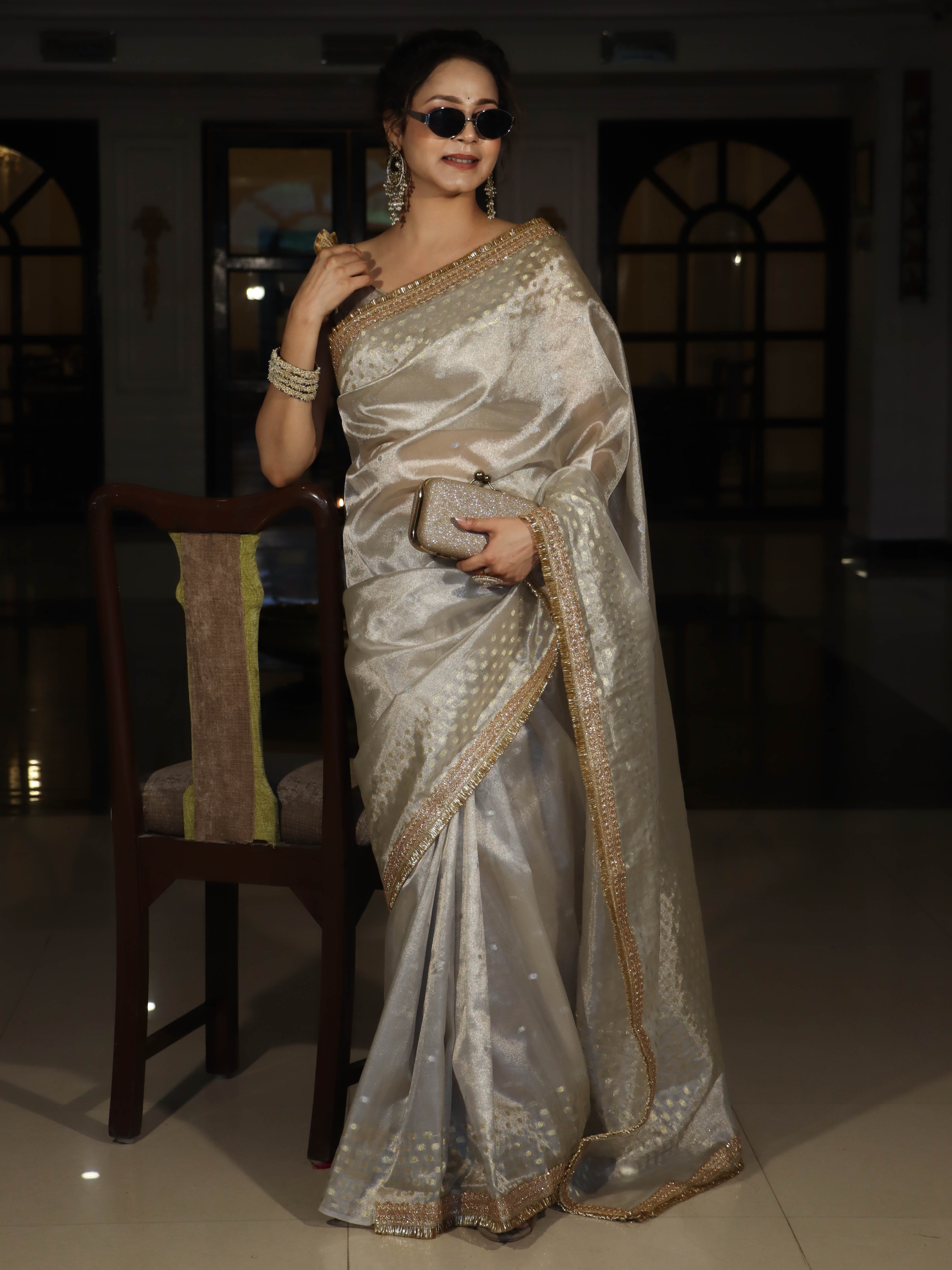 Banarasee Handwoven Tissue Saree With Zari Buti Design & Lace-Silver