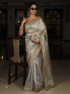 Banarasee Handwoven Tissue Saree With Zari Buti Design & Lace-Silver