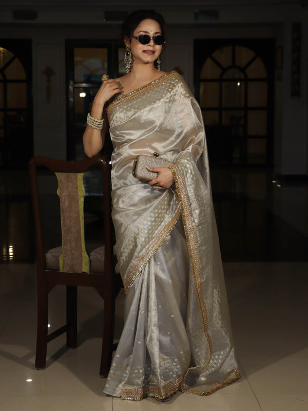 Banarasee Handwoven Tissue Saree With Zari Buti Design & Lace-Silver