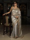 Banarasee Handwoven Tissue Saree With Zari Buti Design & Lace-Silver
