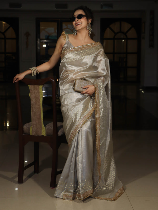 Banarasee Handwoven Tissue Saree With Zari Buti Design & Lace-Silver