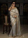 Banarasee Handwoven Tissue Saree With Zari Buti Design & Lace-Silver