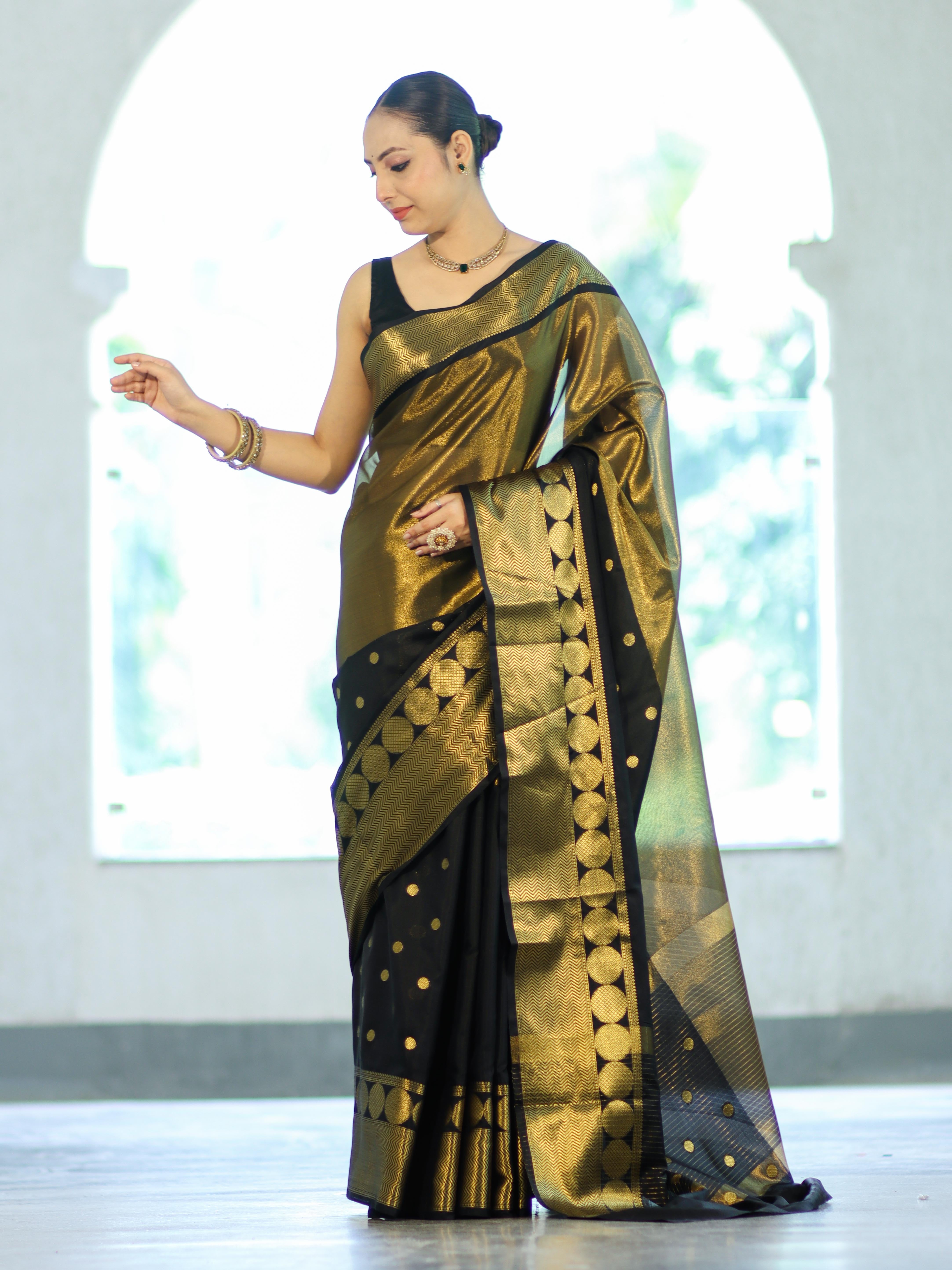 Banarasee Handloom Dual Color Tissue Silk Saree With Polka Dots Design & Border-Black & Gold