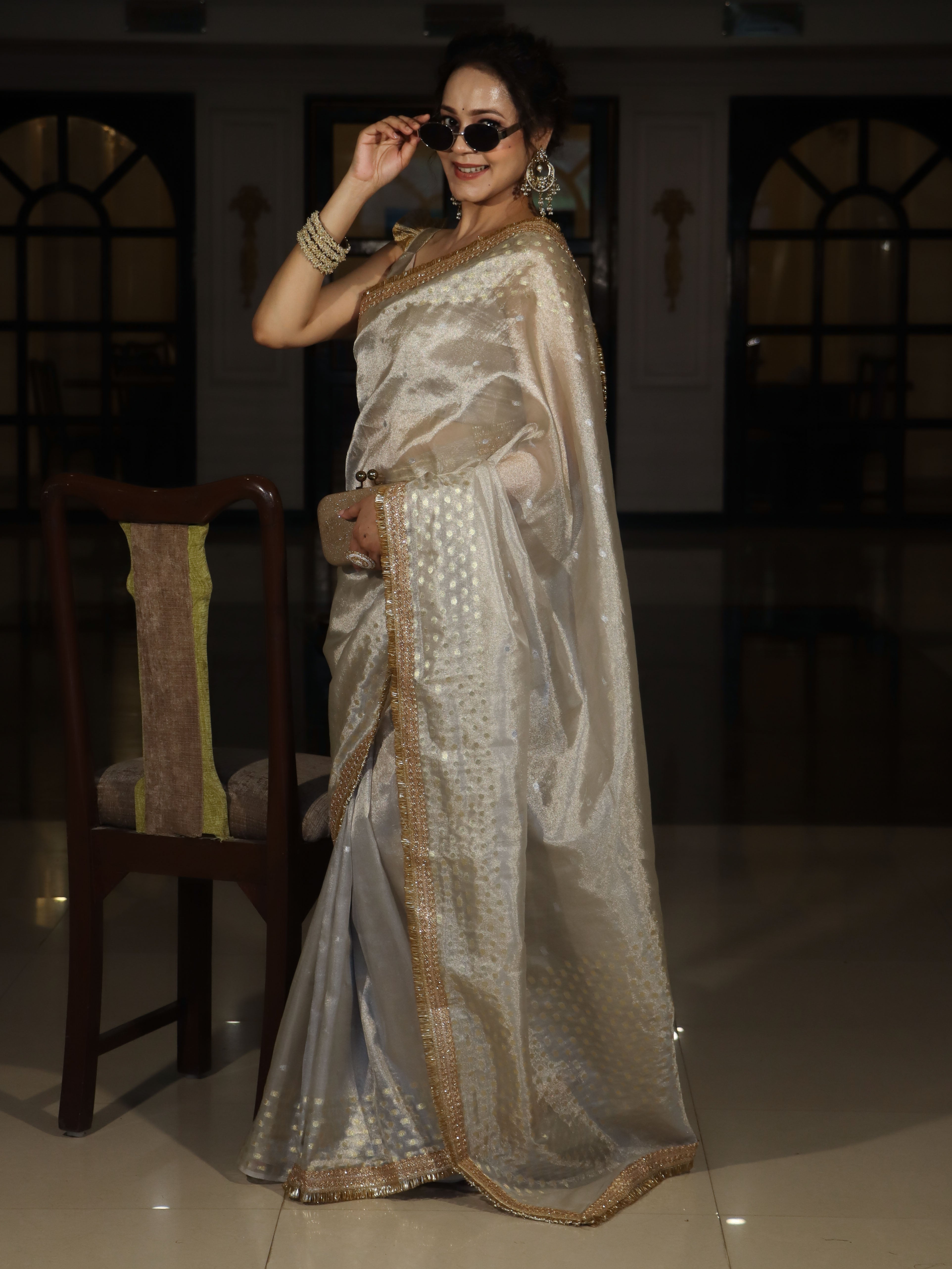 Banarasee Handwoven Tissue Saree With Zari Buti Design & Lace-Silver