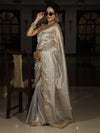 Banarasee Handwoven Tissue Saree With Zari Buti Design & Lace-Silver