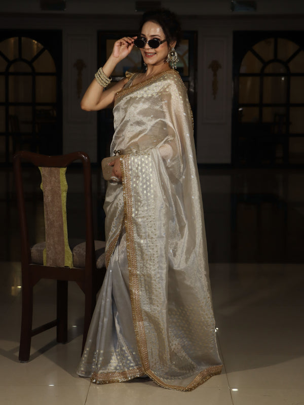 Banarasee Handwoven Tissue Saree With Zari Buti Design & Lace-Silver