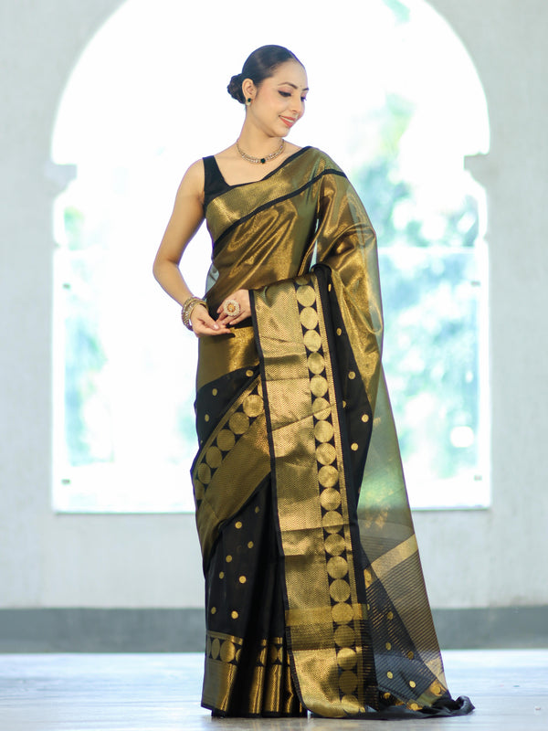 Banarasee Handloom Dual Color Tissue Silk Saree With Polka Dots Design & Border-Black & Gold