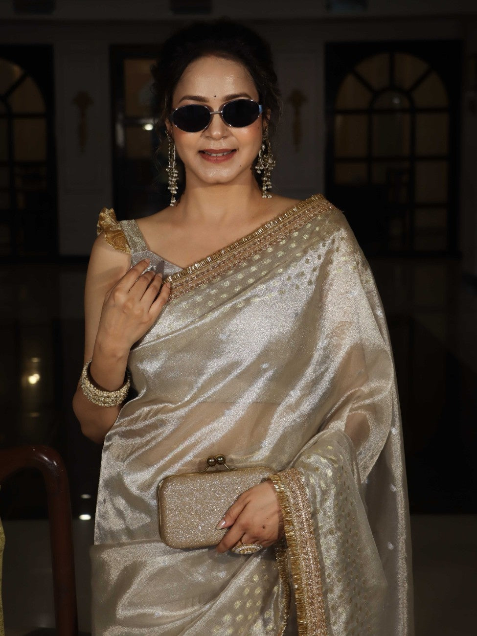 Banarasee Handwoven Tissue Saree With Zari Buti Design & Lace-Silver