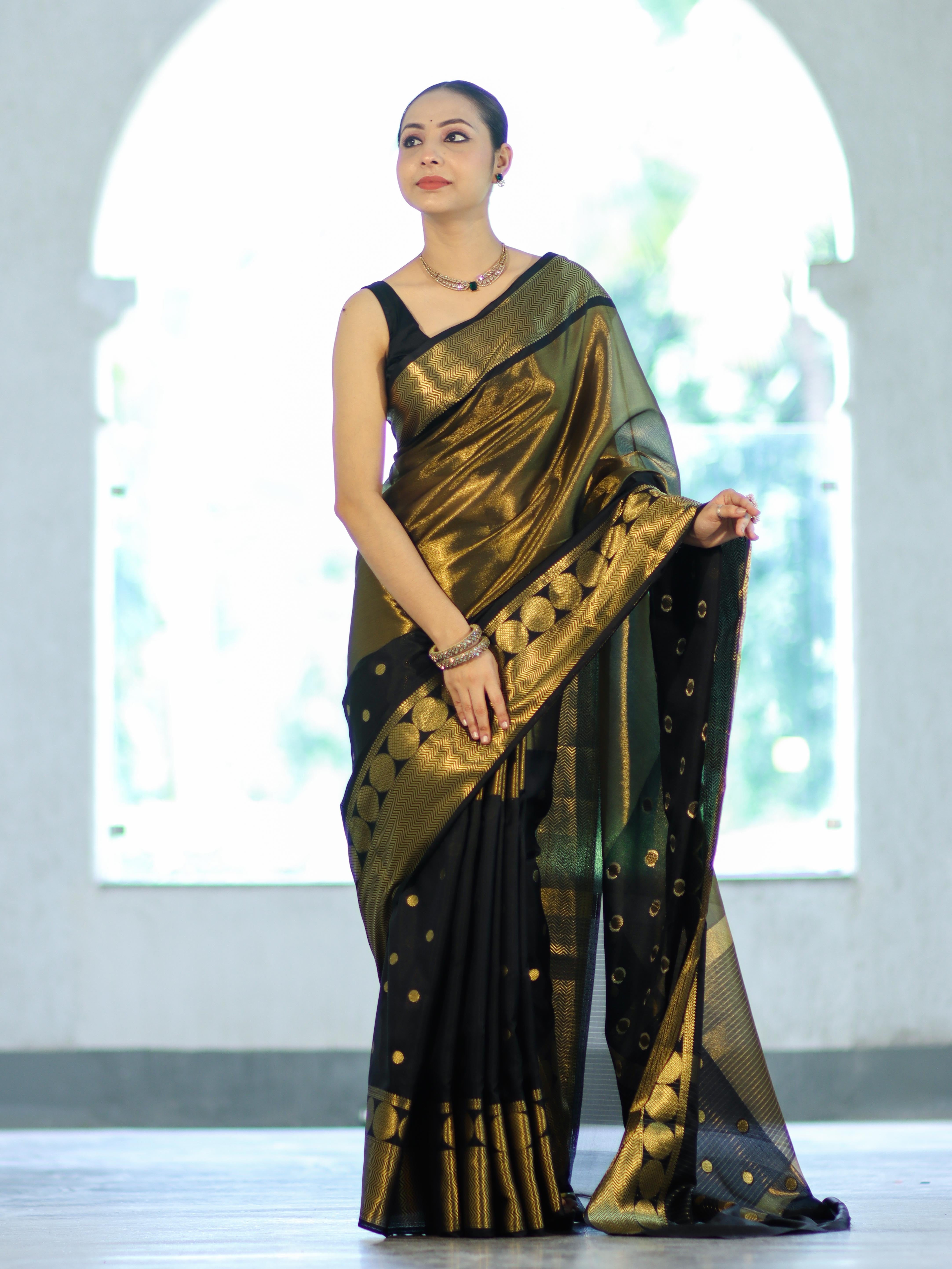 Banarasee Handloom Dual Color Tissue Silk Saree With Polka Dots Design & Border-Black & Gold