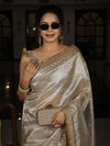 Banarasee Handwoven Tissue Saree With Zari Buti Design & Lace-Silver