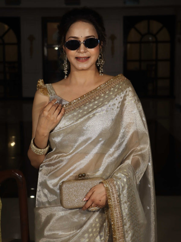 Banarasee Handwoven Tissue Saree With Zari Buti Design & Lace-Silver