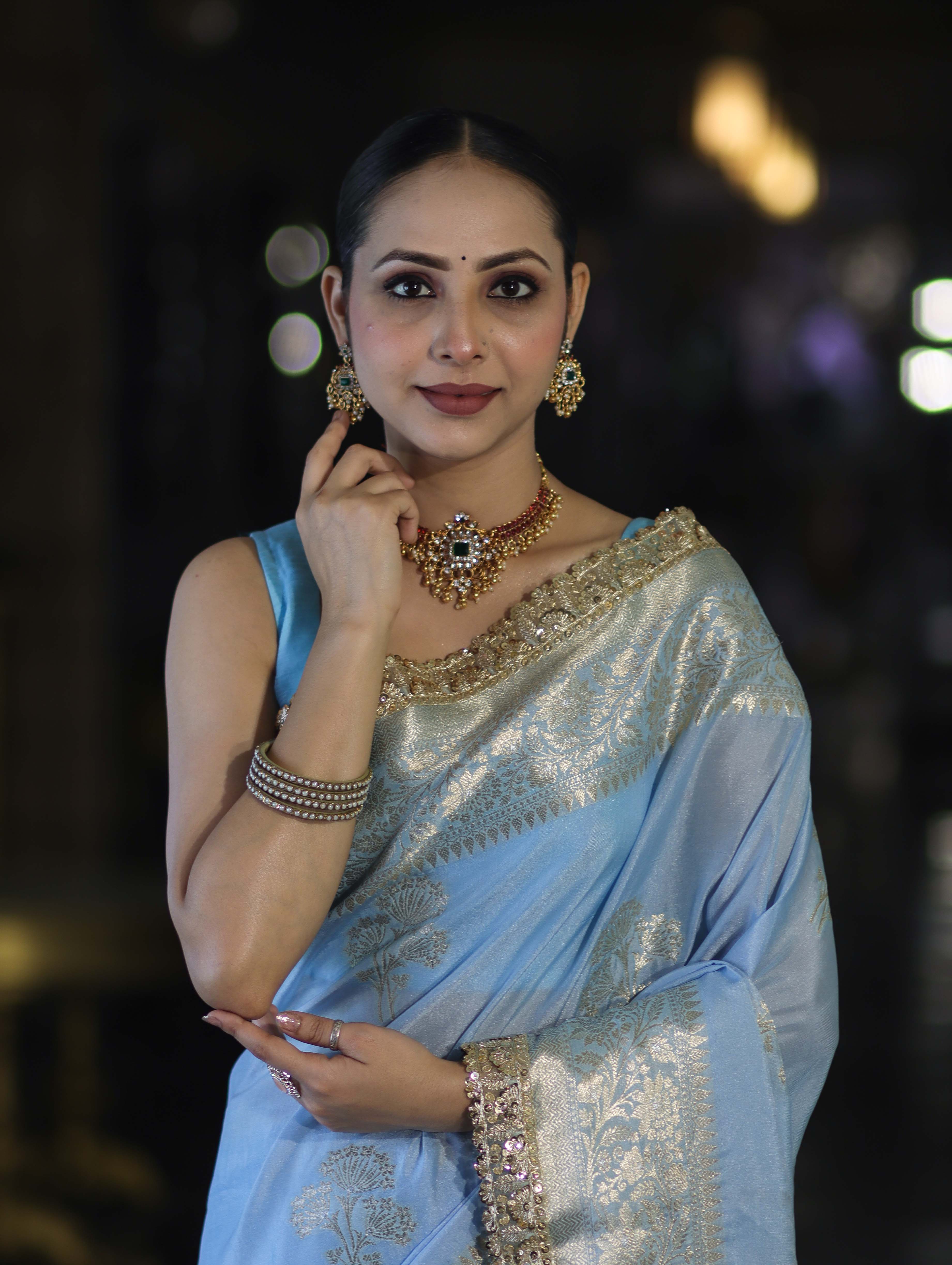 Banarasee Handloom Semi Silk Saree With Sona Rupa Zari Buta Design Floral Border & Lace-Light Blue