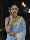 Banarasee Handloom Semi Silk Saree With Sona Rupa Zari Buta Design Floral Border & Lace-Light Blue