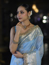Banarasee Handloom Semi Silk Saree With Sona Rupa Zari Buta Design Floral Border & Lace-Light Blue
