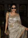 Banarasee Handwoven Tissue Saree With Zari Buti Design & Lace-Silver