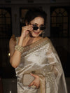 Banarasee Handwoven Tissue Saree With Zari Buti Design & Lace-Silver