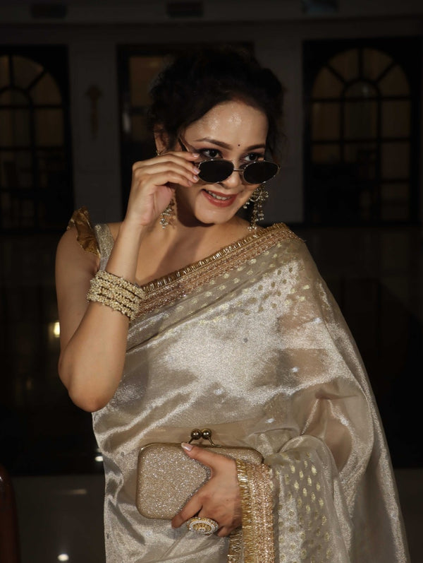 Banarasee Handwoven Tissue Saree With Zari Buti Design & Lace-Silver