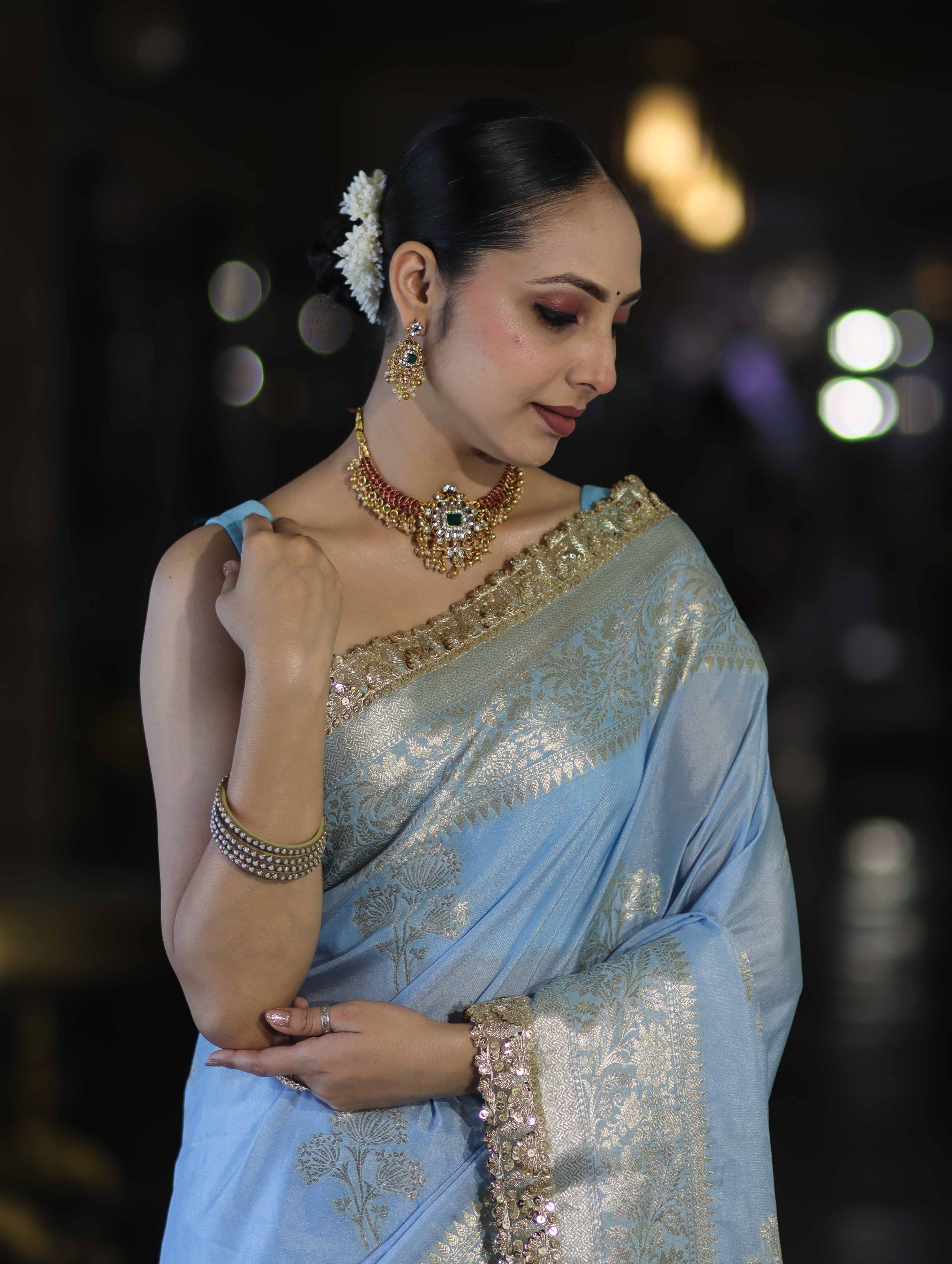 Banarasee Handloom Semi Silk Saree With Sona Rupa Zari Buta Design Floral Border & Lace-Light Blue