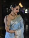 Banarasee Handloom Semi Silk Saree With Sona Rupa Zari Buta Design Floral Border & Lace-Light Blue