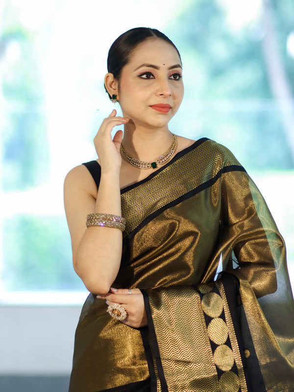 Banarasee Handloom Dual Color Tissue Silk Saree With Polka Dots Design & Border-Black & Gold