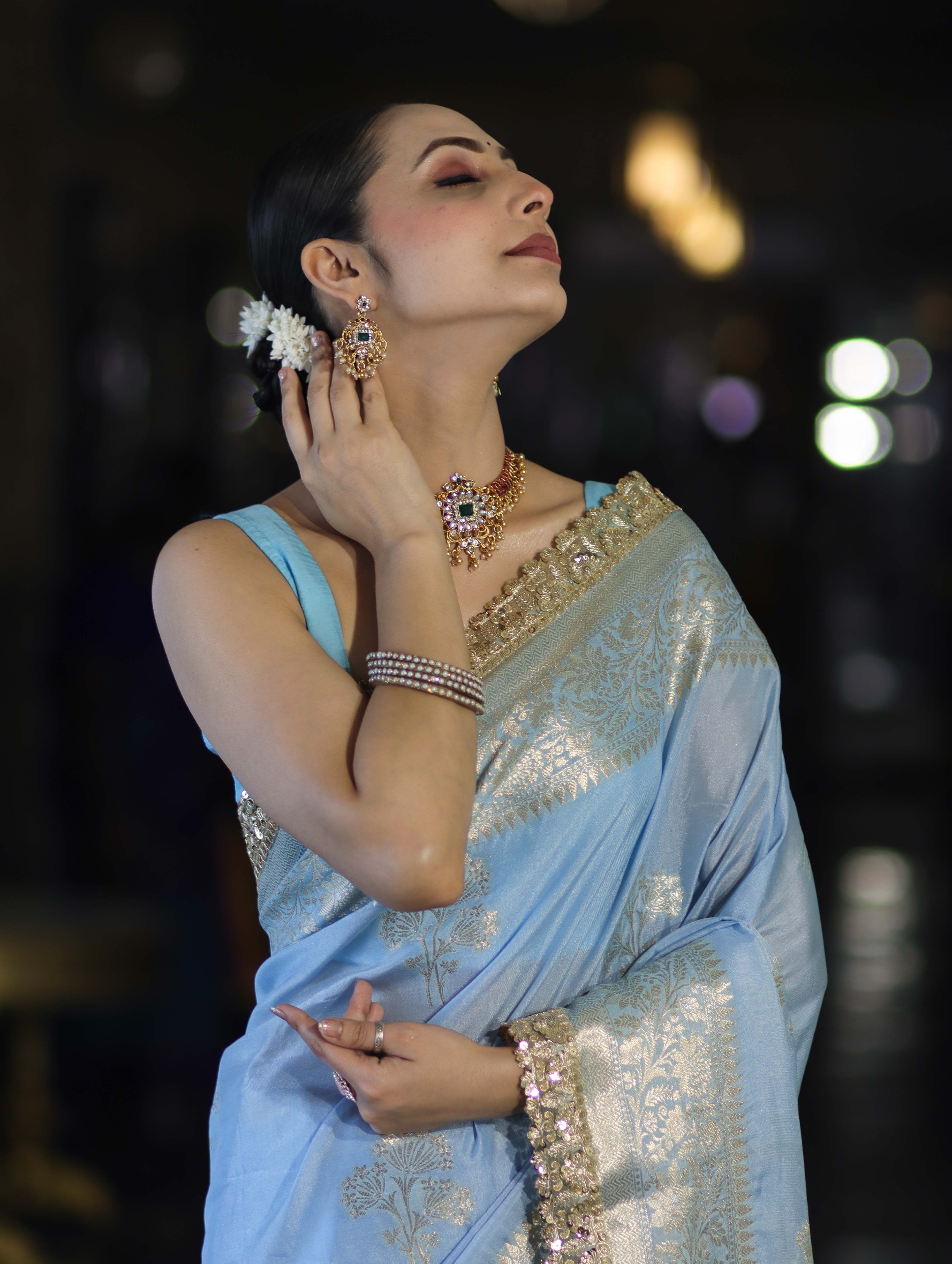 Banarasee Handloom Semi Silk Saree With Sona Rupa Zari Buta Design Floral Border & Lace-Light Blue