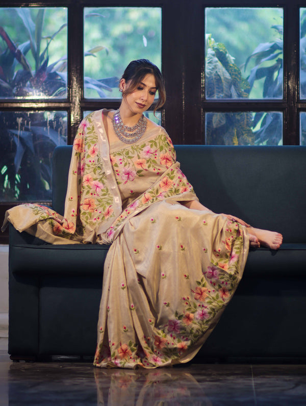 Banarasee Handwoven Semi-Tussar Saree With Embroidered Floral Motifs & Border-Beige