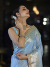 Banarasee Handloom Semi Silk Saree With Sona Rupa Zari Buta Design Floral Border & Lace-Light Blue