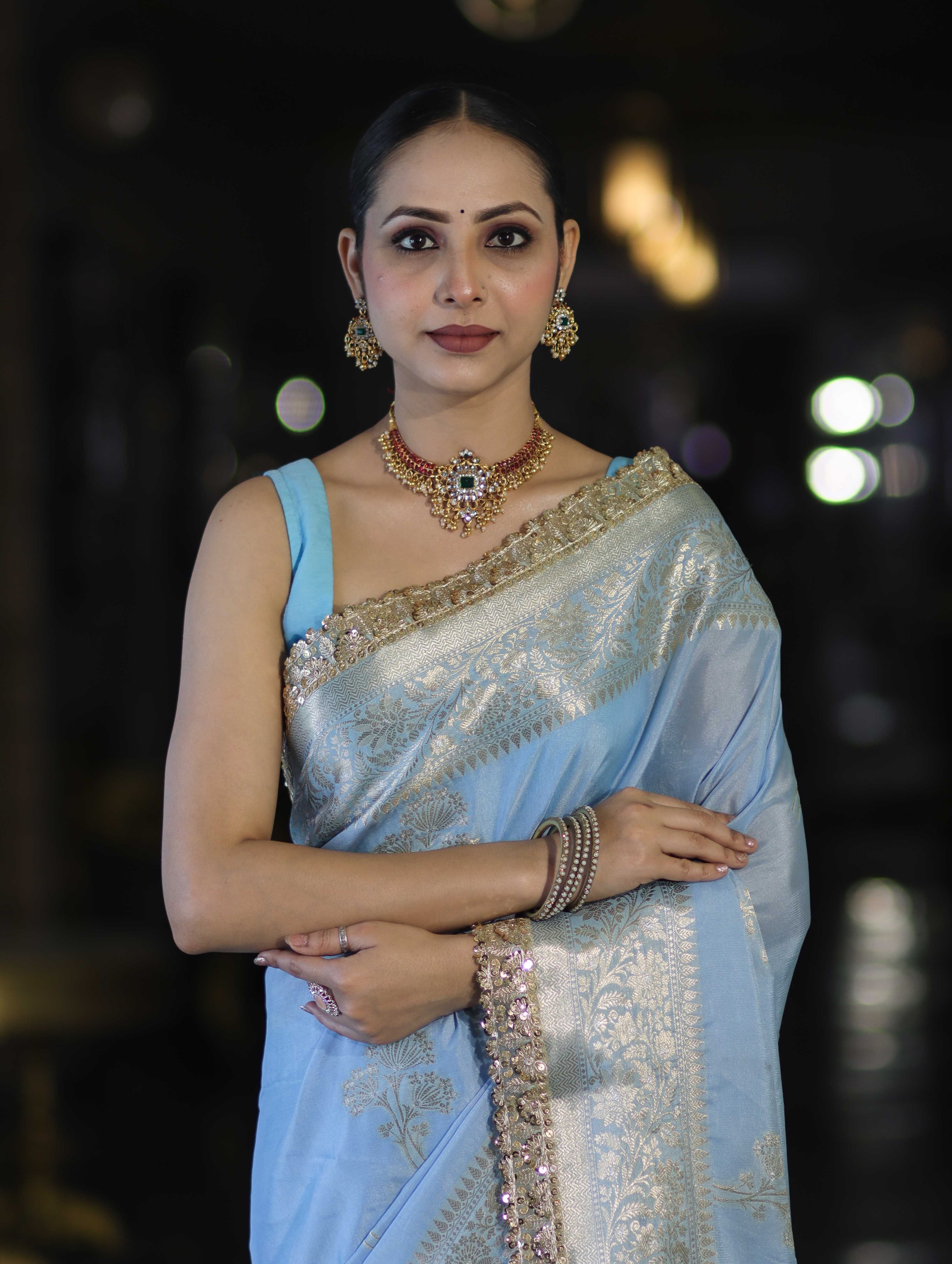 Banarasee Handloom Semi Silk Saree With Sona Rupa Zari Buta Design Floral Border & Lace-Light Blue