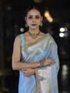 Banarasee Handloom Semi Silk Saree With Sona Rupa Zari Buta Design Floral Border & Lace-Light Blue