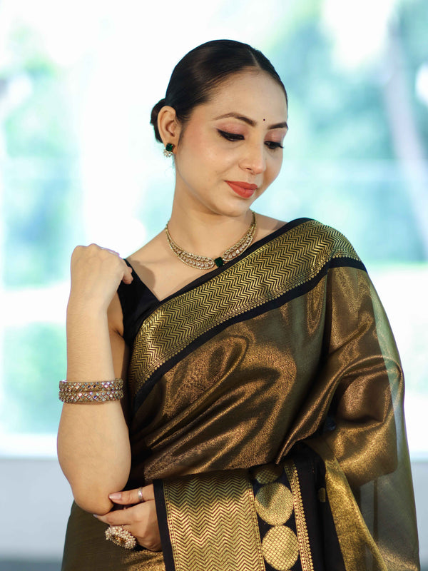 Banarasee Handloom Dual Color Tissue Silk Saree With Polka Dots Design & Border-Black & Gold
