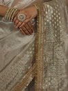 Banarasee Handwoven Tissue Saree With Zari Buti Design & Lace-Silver