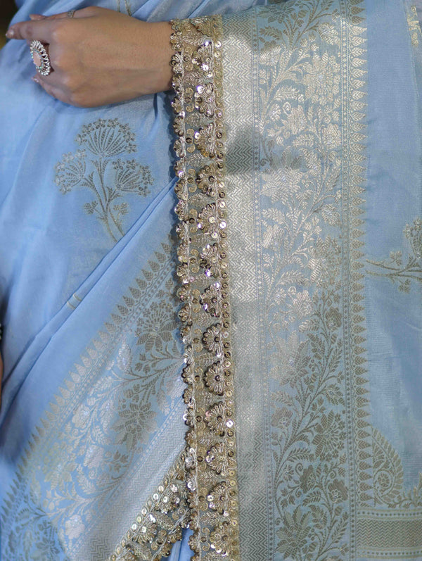 Banarasee Handloom Semi Silk Saree With Sona Rupa Zari Buta Design Floral Border & Lace-Light Blue