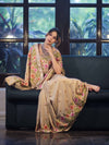 Banarasee Handwoven Semi-Tussar Saree With Embroidered Floral Motifs & Border-Beige