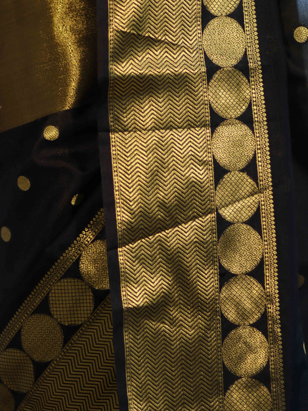 Banarasee Handloom Dual Color Tissue Silk Saree With Polka Dots Design & Border-Black & Gold