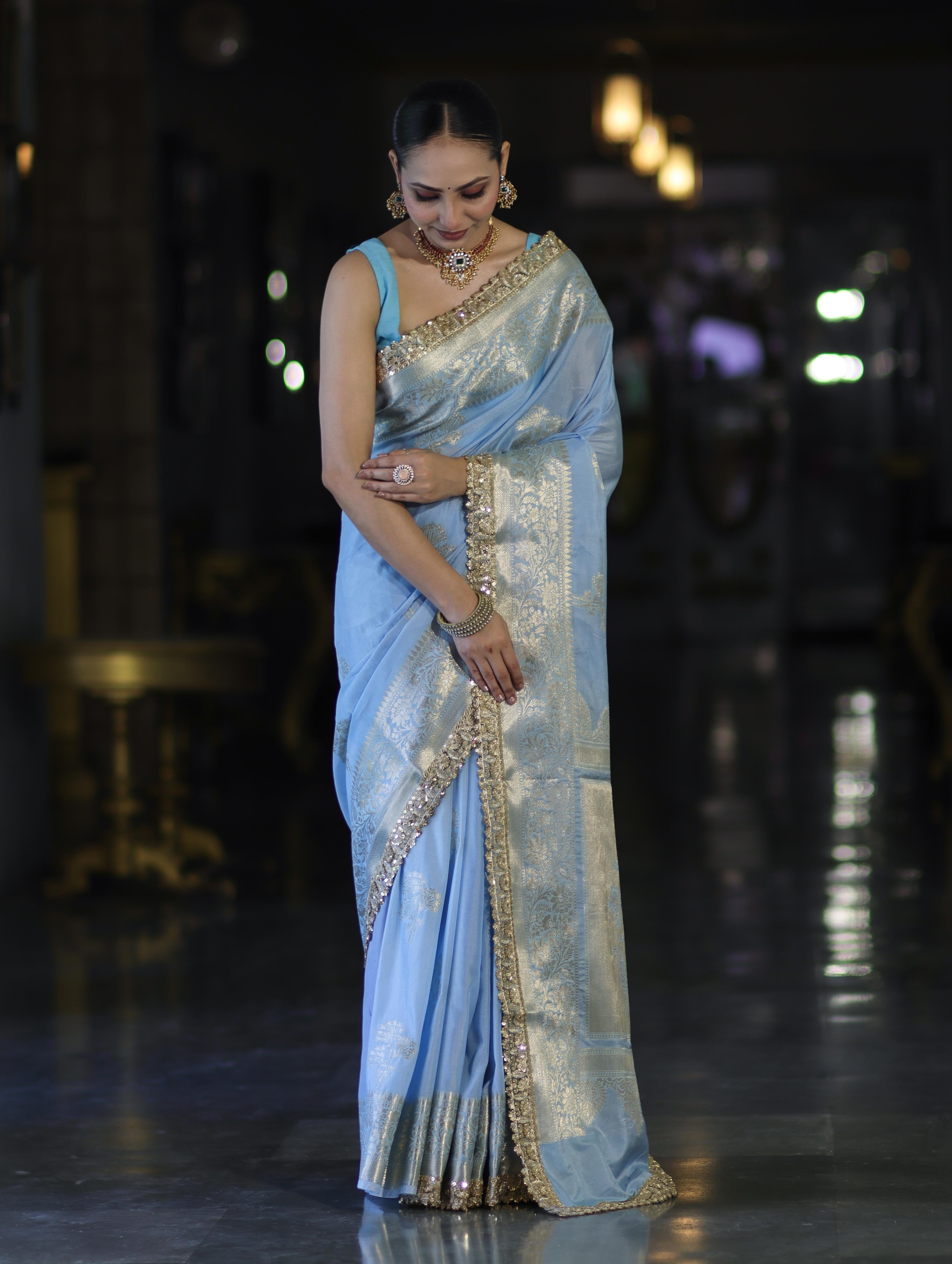 Banarasee Handloom Semi Silk Saree With Sona Rupa Zari Buta Design Floral Border & Lace-Light Blue