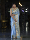 Banarasee Handloom Semi Silk Saree With Sona Rupa Zari Buta Design Floral Border & Lace-Light Blue
