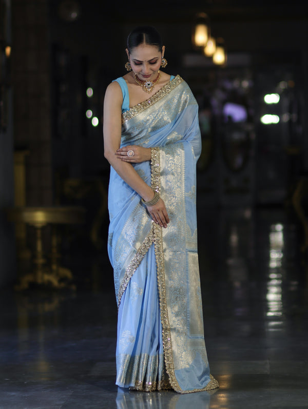 Banarasee Handloom Semi Silk Saree With Sona Rupa Zari Buta Design Floral Border & Lace-Light Blue