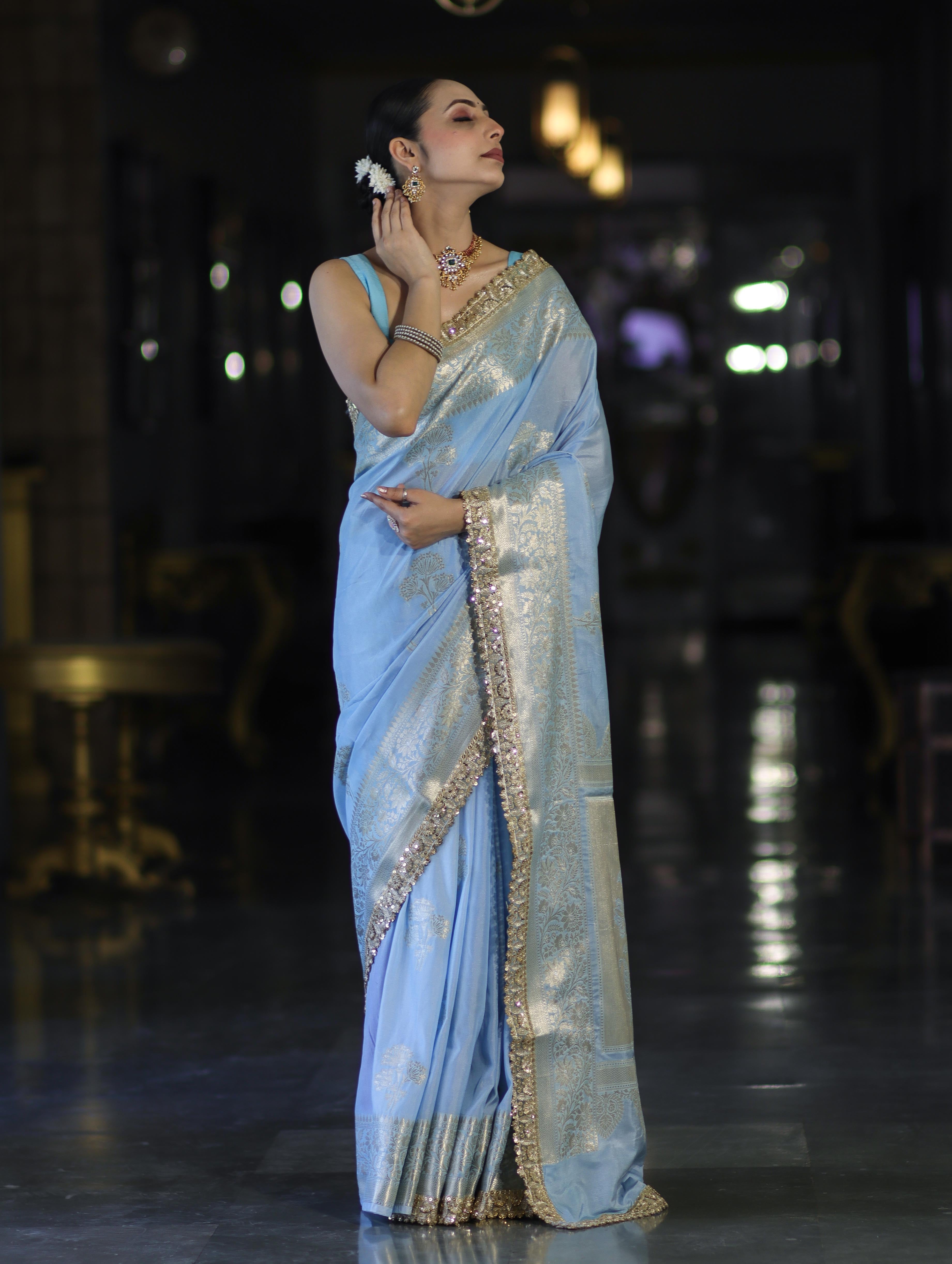 Banarasee Handloom Semi Silk Saree With Sona Rupa Zari Buta Design Floral Border & Lace-Light Blue