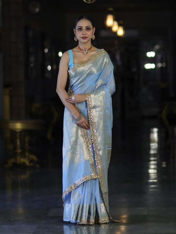 Banarasee Handloom Semi Silk Saree With Sona Rupa Zari Buta Design Floral Border & Lace-Light Blue