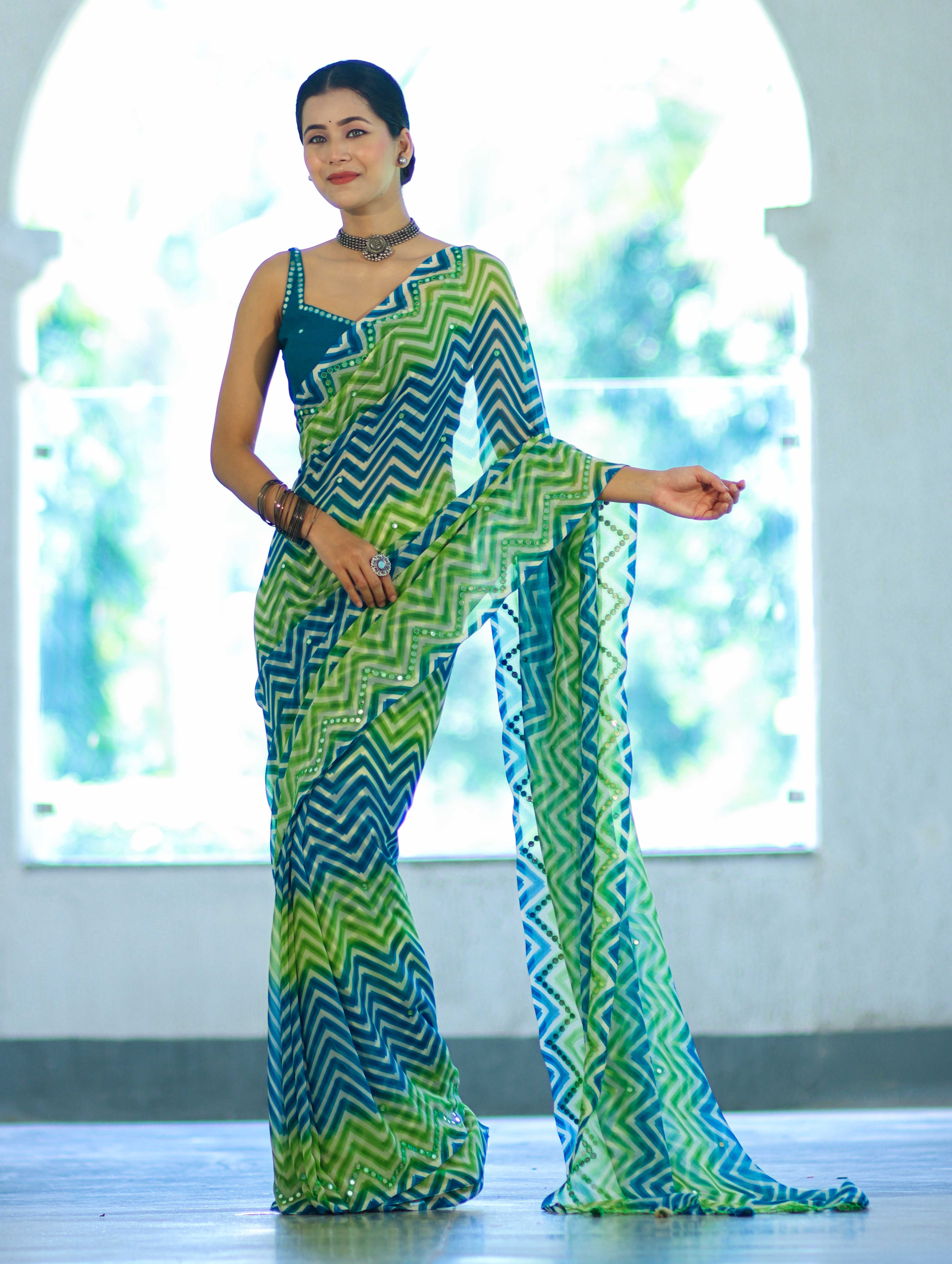 Banarasee Printed Handwork Chiffon Saree-Blue & Green