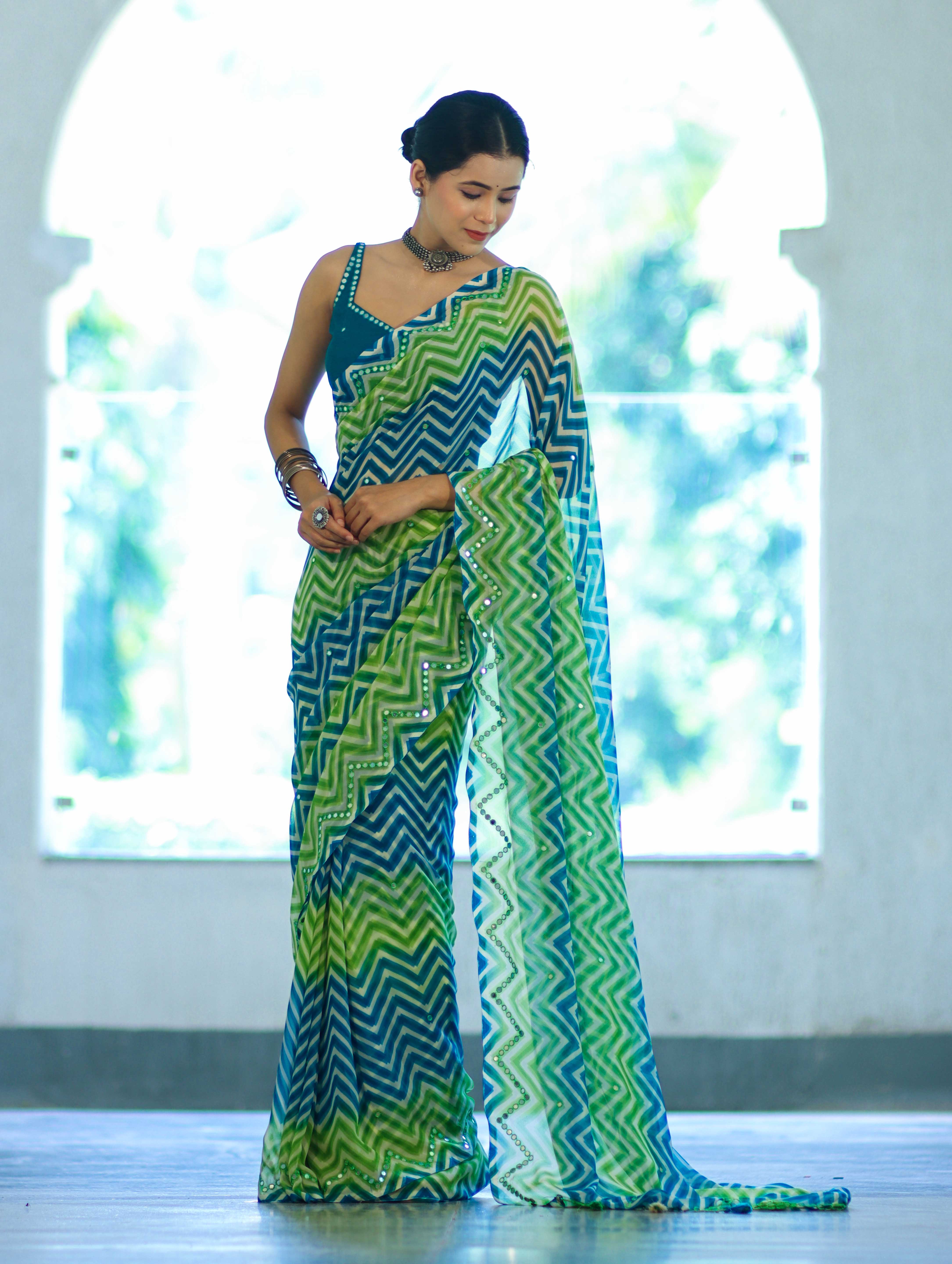 Banarasee Printed Handwork Chiffon Saree-Blue & Green
