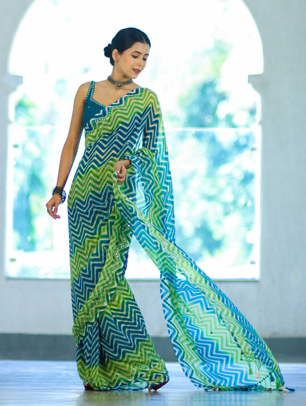 Banarasee Printed Handwork Chiffon Saree-Blue & Green