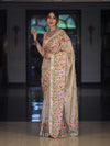 Banarasee Handwoven Semi-Tussar Saree With Embroidered Floral Motifs & Border-Beige