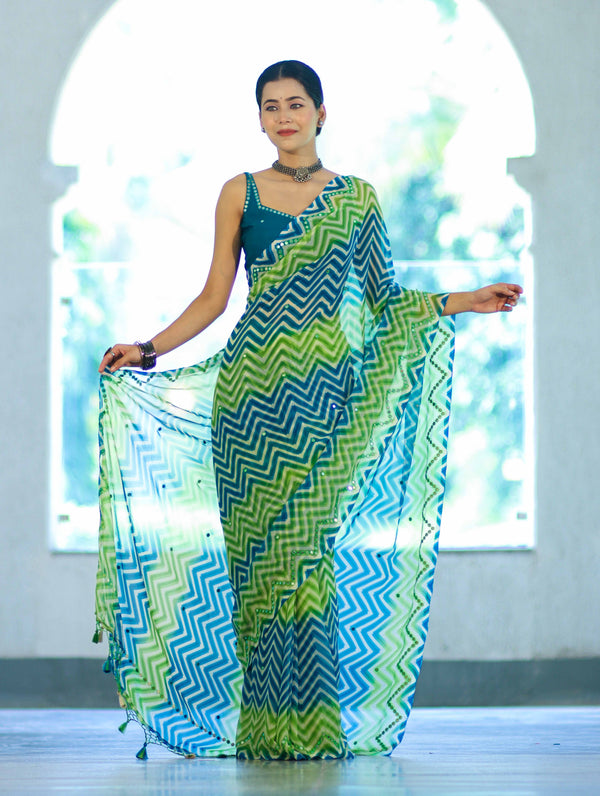 Banarasee Printed Handwork Chiffon Saree-Blue & Green