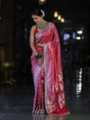 Banarasee Handloom Mashru Silk Saree With Heavy Zari Jaal & Lace Border-Red